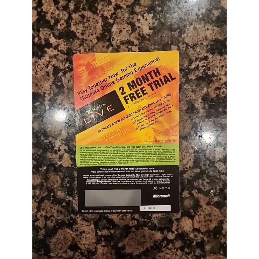 Xbox Original Live - 2 Month Free Xbox Live Trial Rare Collectable Insert NEW